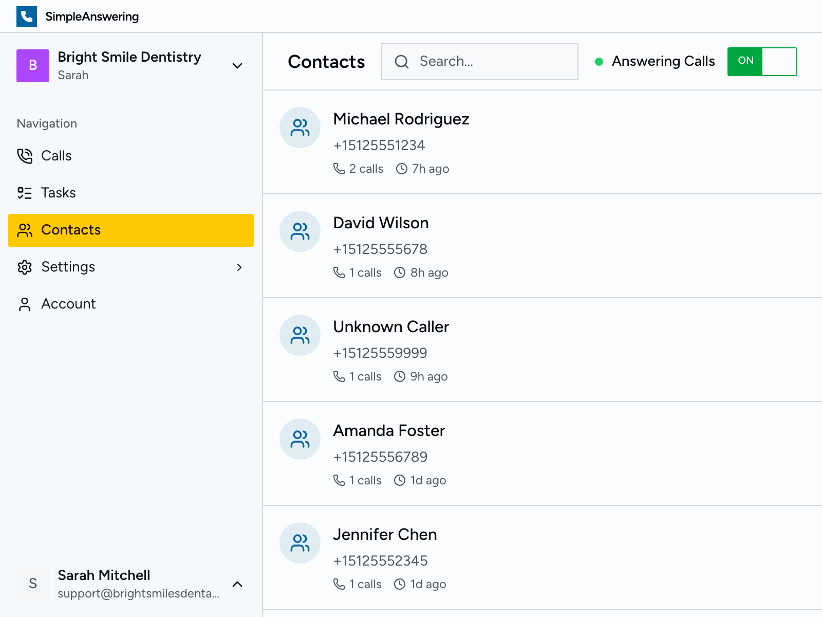Contacts list with call history