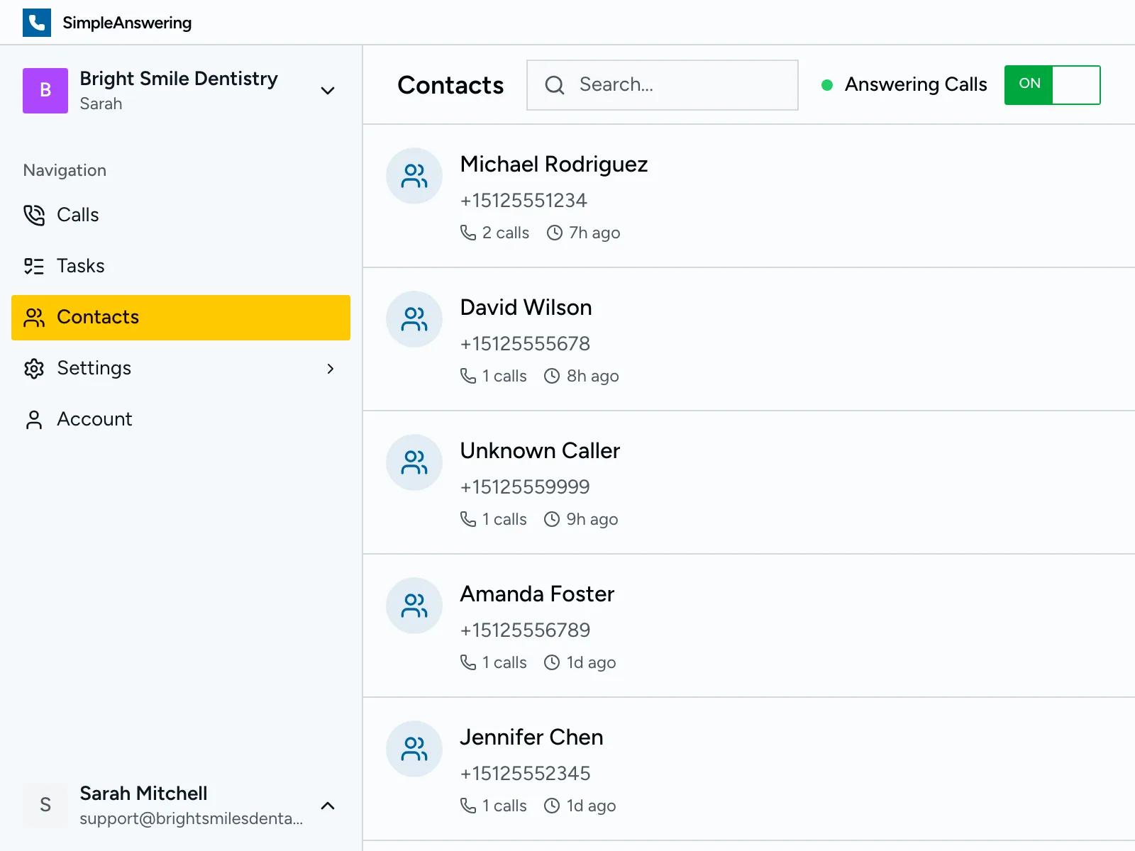 Contacts list with call history
