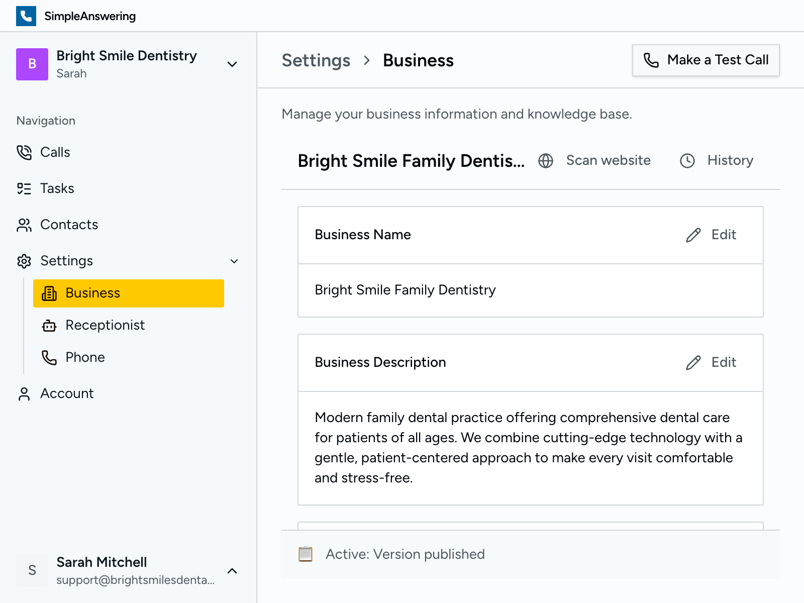 Business knowledge base settings