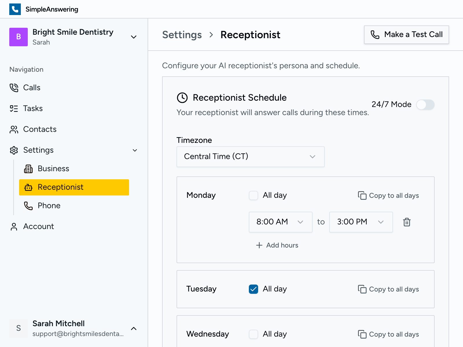 Schedule editor with business hours