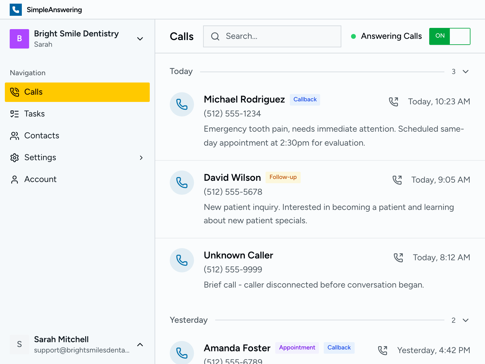 Calls dashboard showing recent calls with summaries