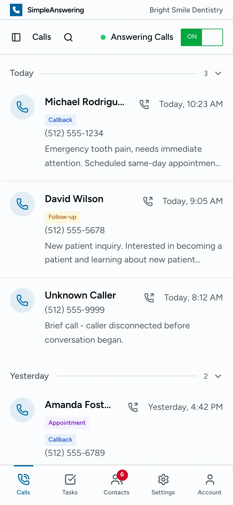 Mobile view of calls so you can check new leads between pool stops