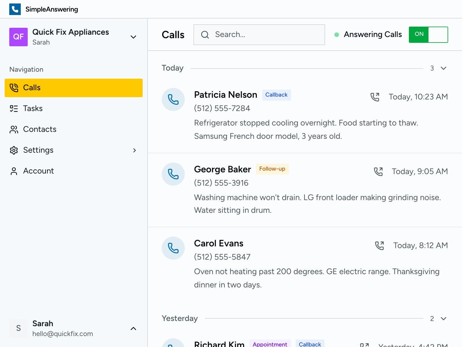 Calls dashboard showing recent service calls with summaries