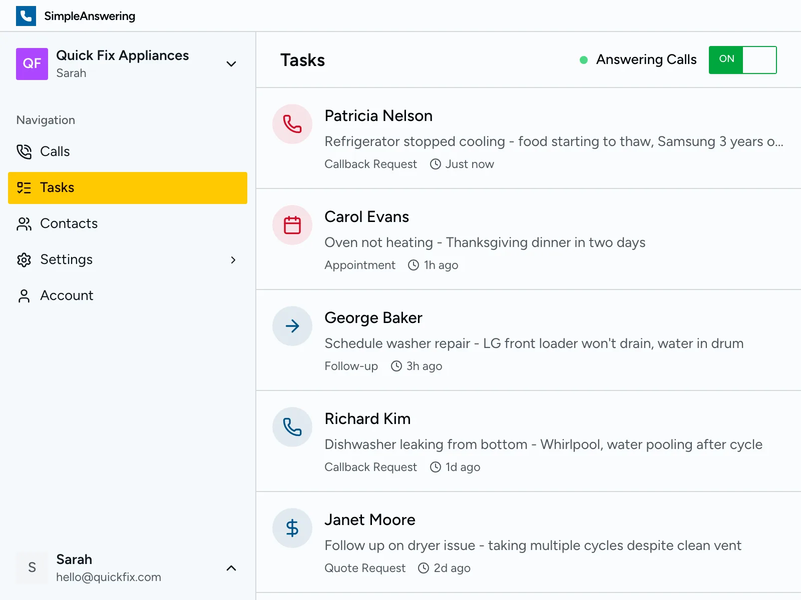 Task list showing appliance repair jobs with urgency levels