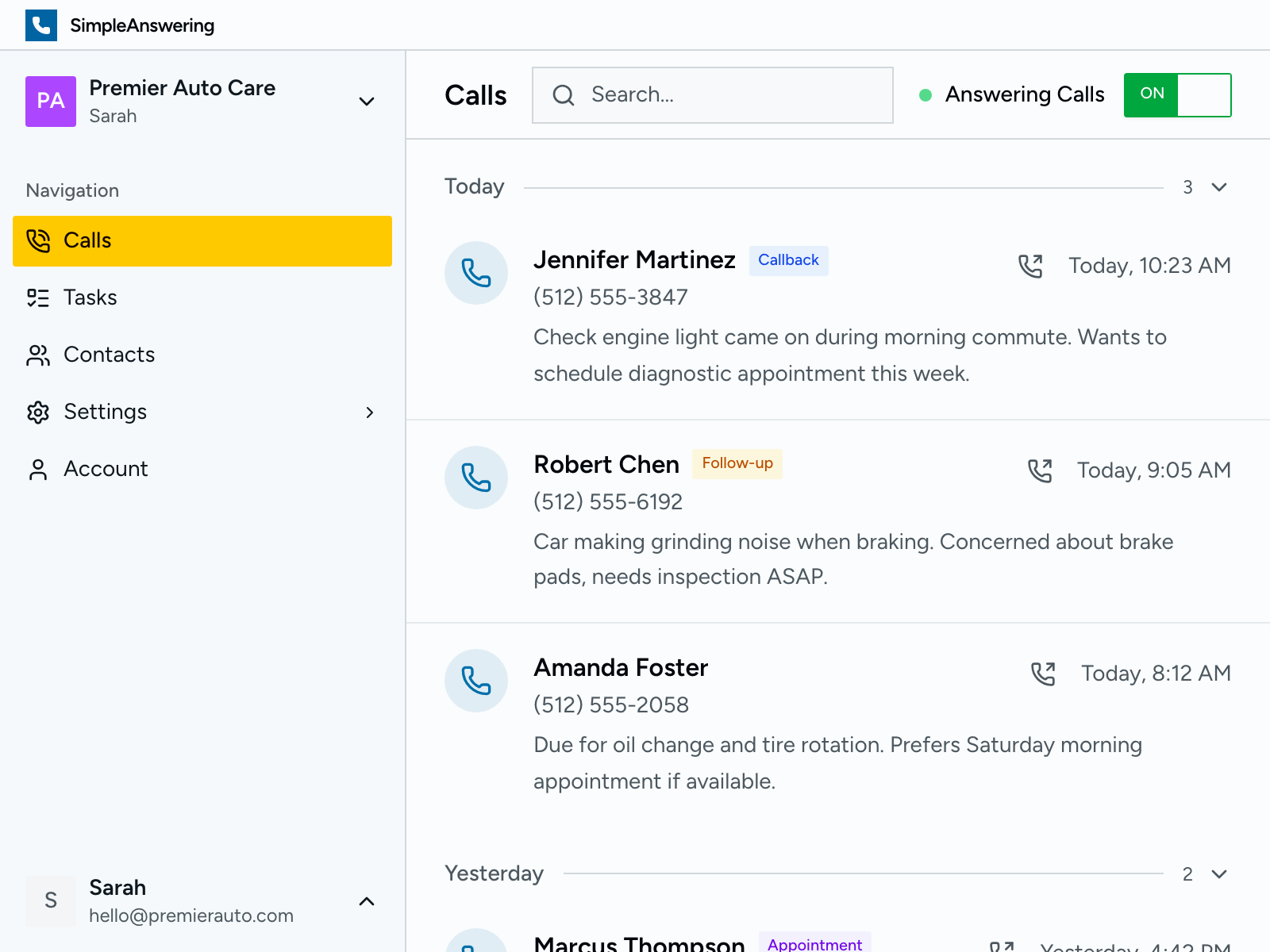 Dashboard screenshot showing call management features
