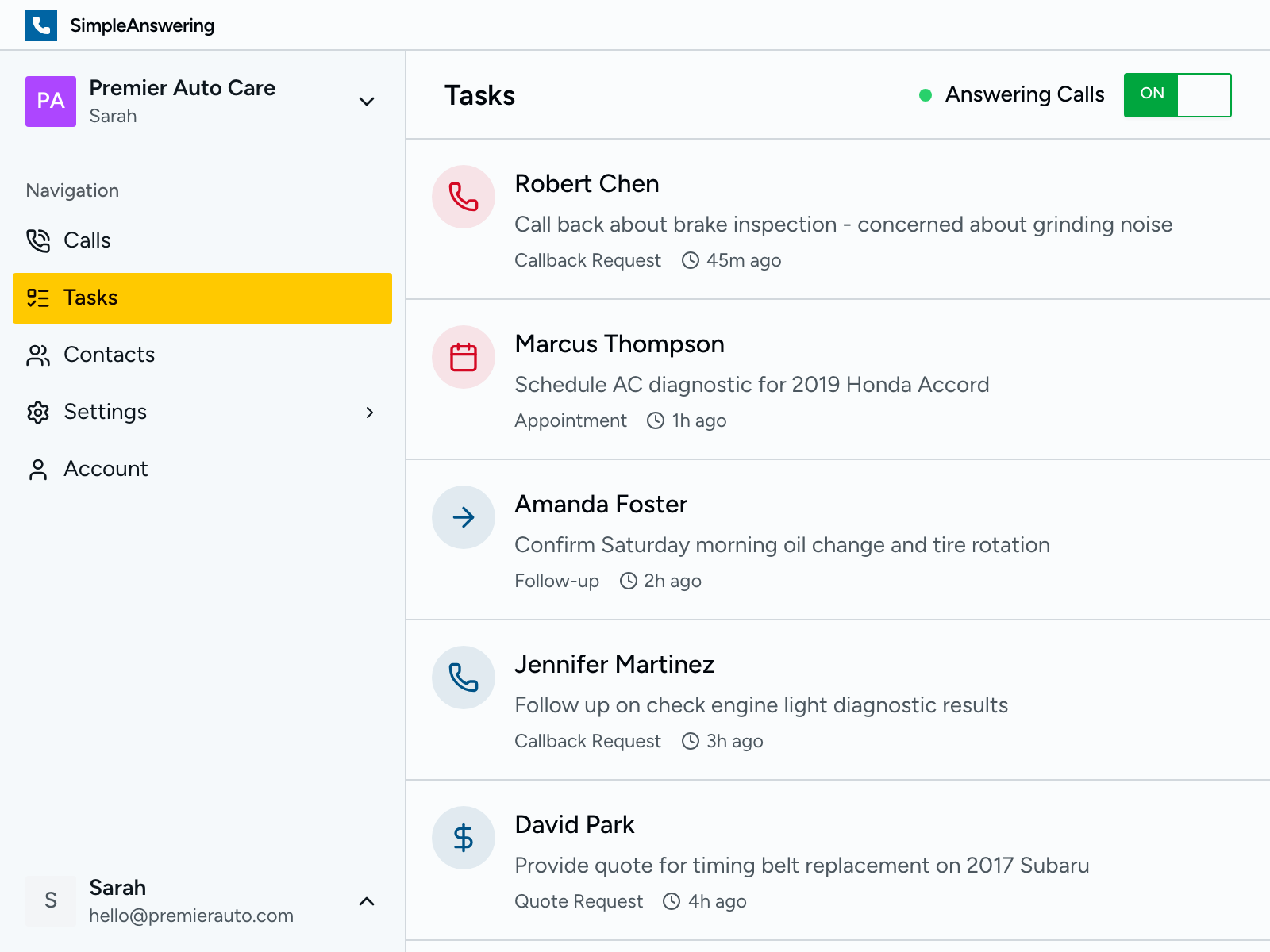 Dashboard screenshot showing call management features
