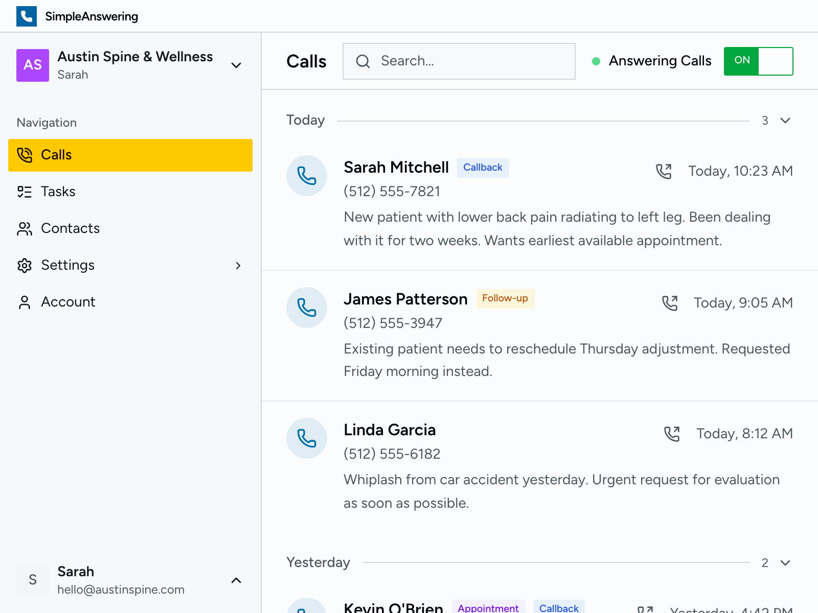 Calls dashboard showing recent calls with summaries