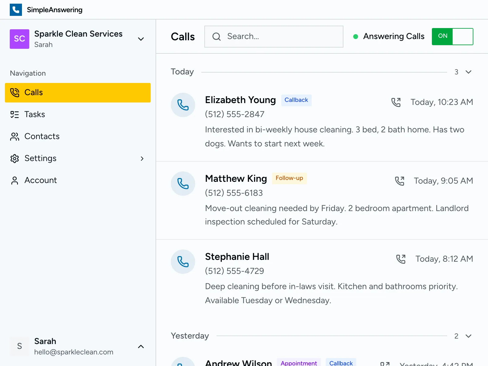 Dashboard showing all your cleaning leads and call history in one place