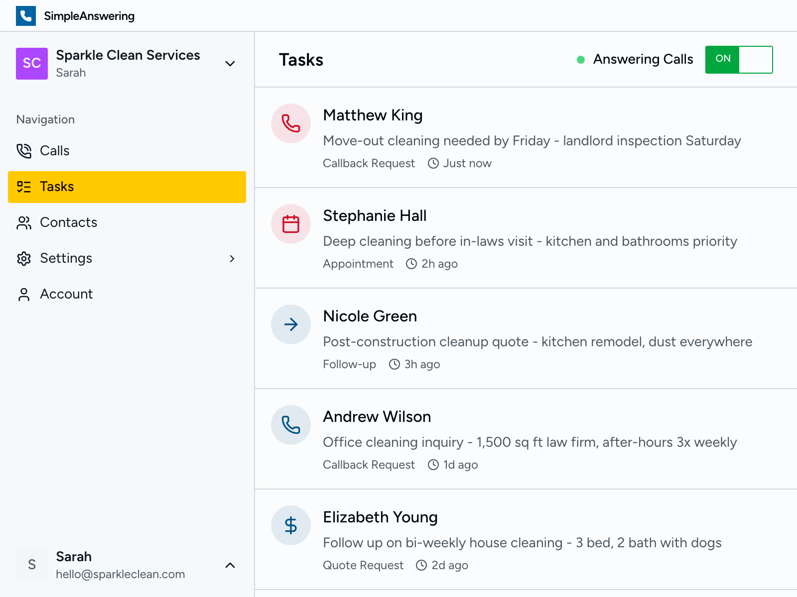 Task list showing follow-up reminders for each cleaning inquiry
