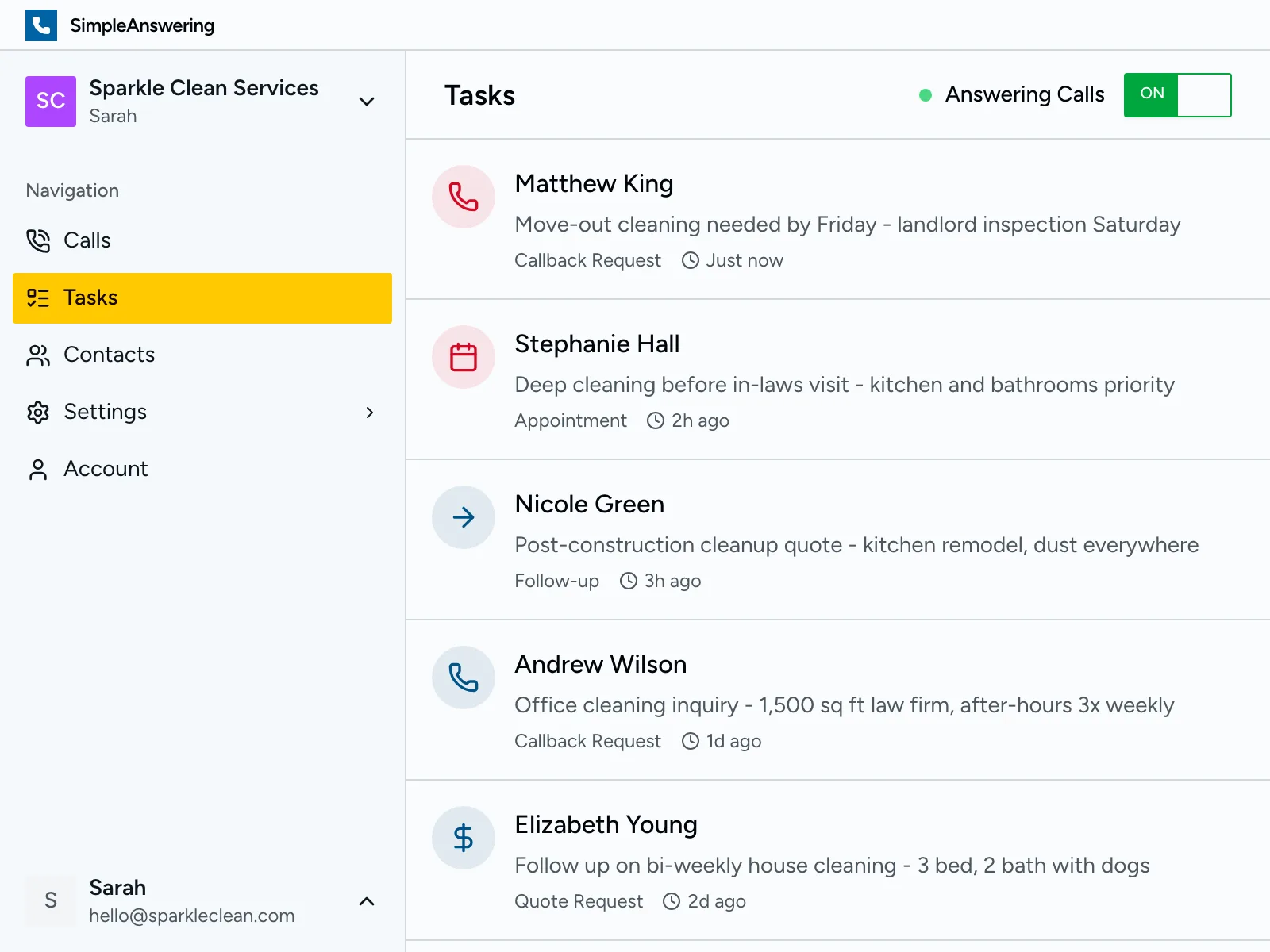 Task list showing follow-up reminders for each cleaning inquiry