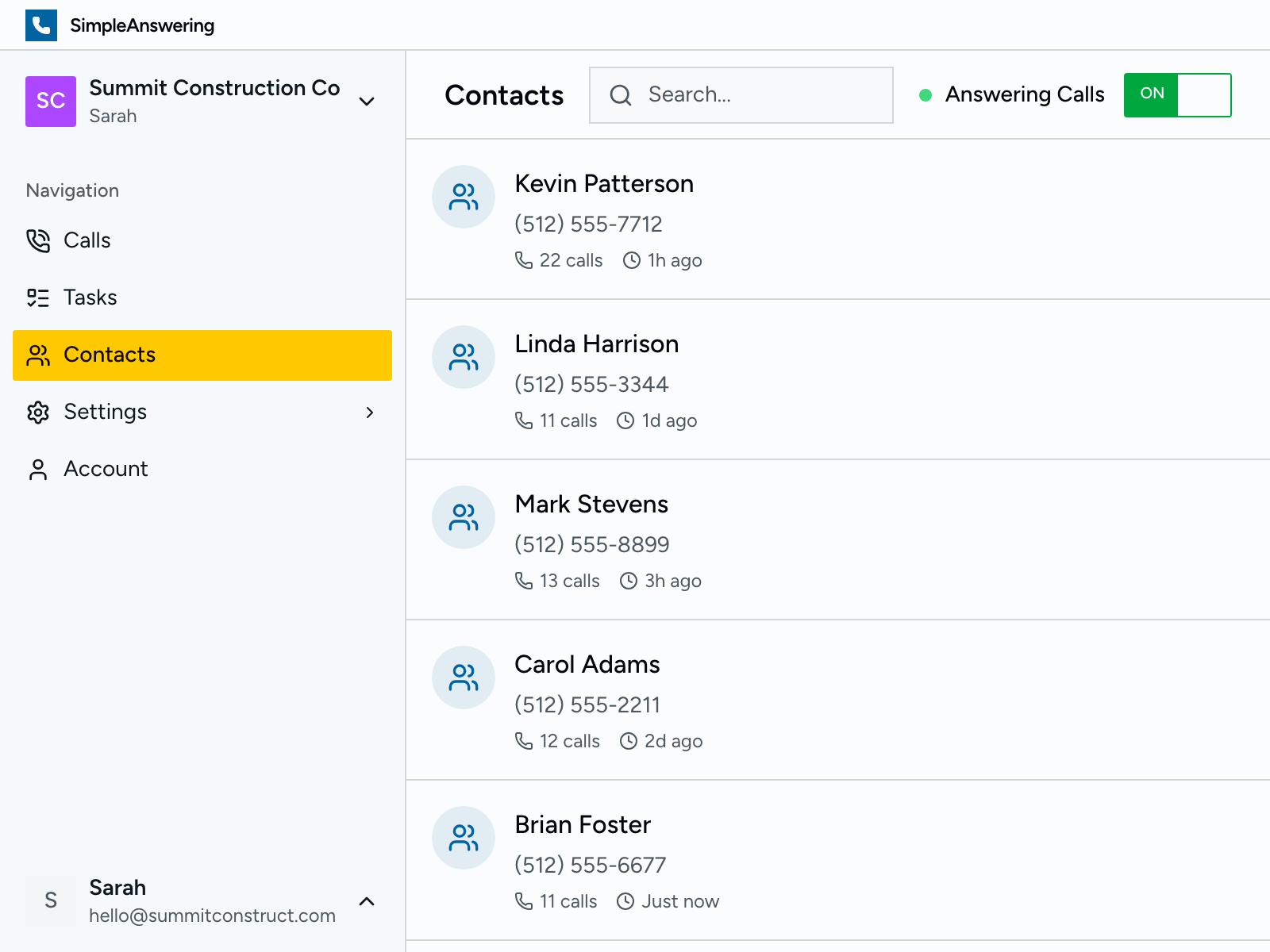Contacts list with call history