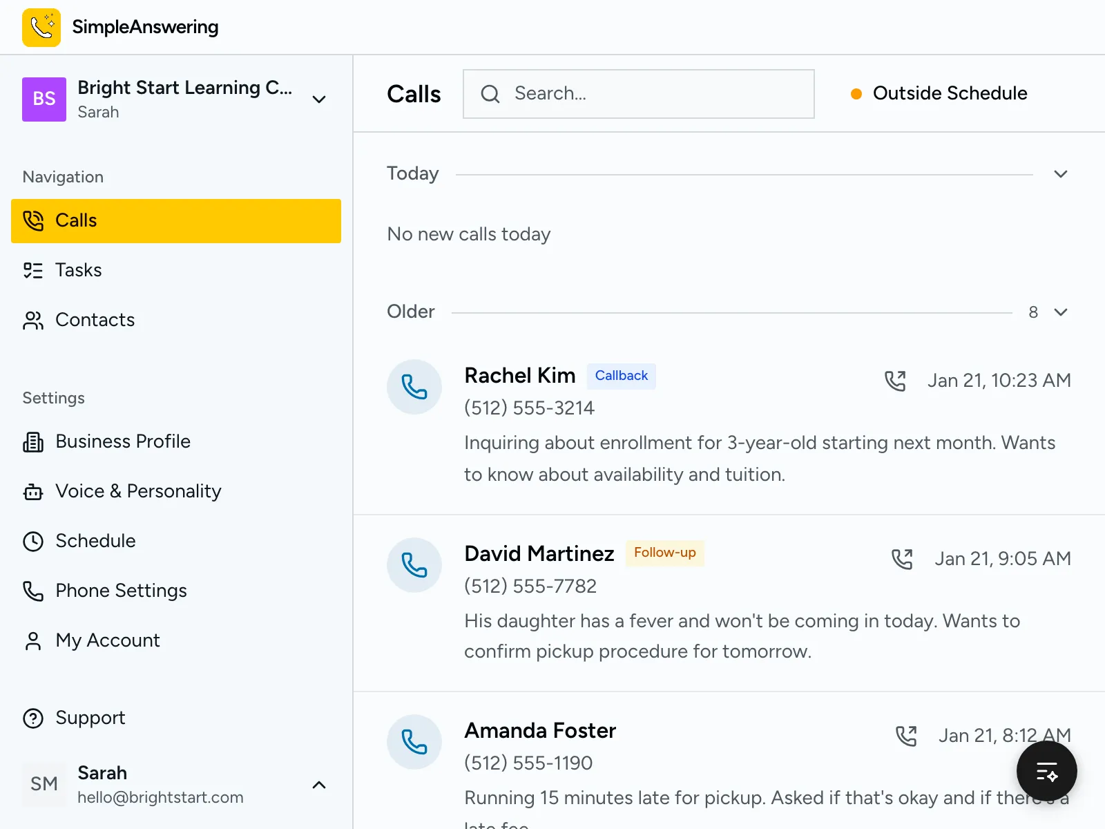 Calls dashboard showing parent inquiries and daily updates