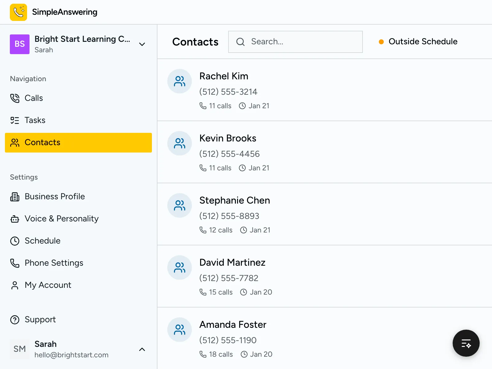 Contact list showing parent details and call history