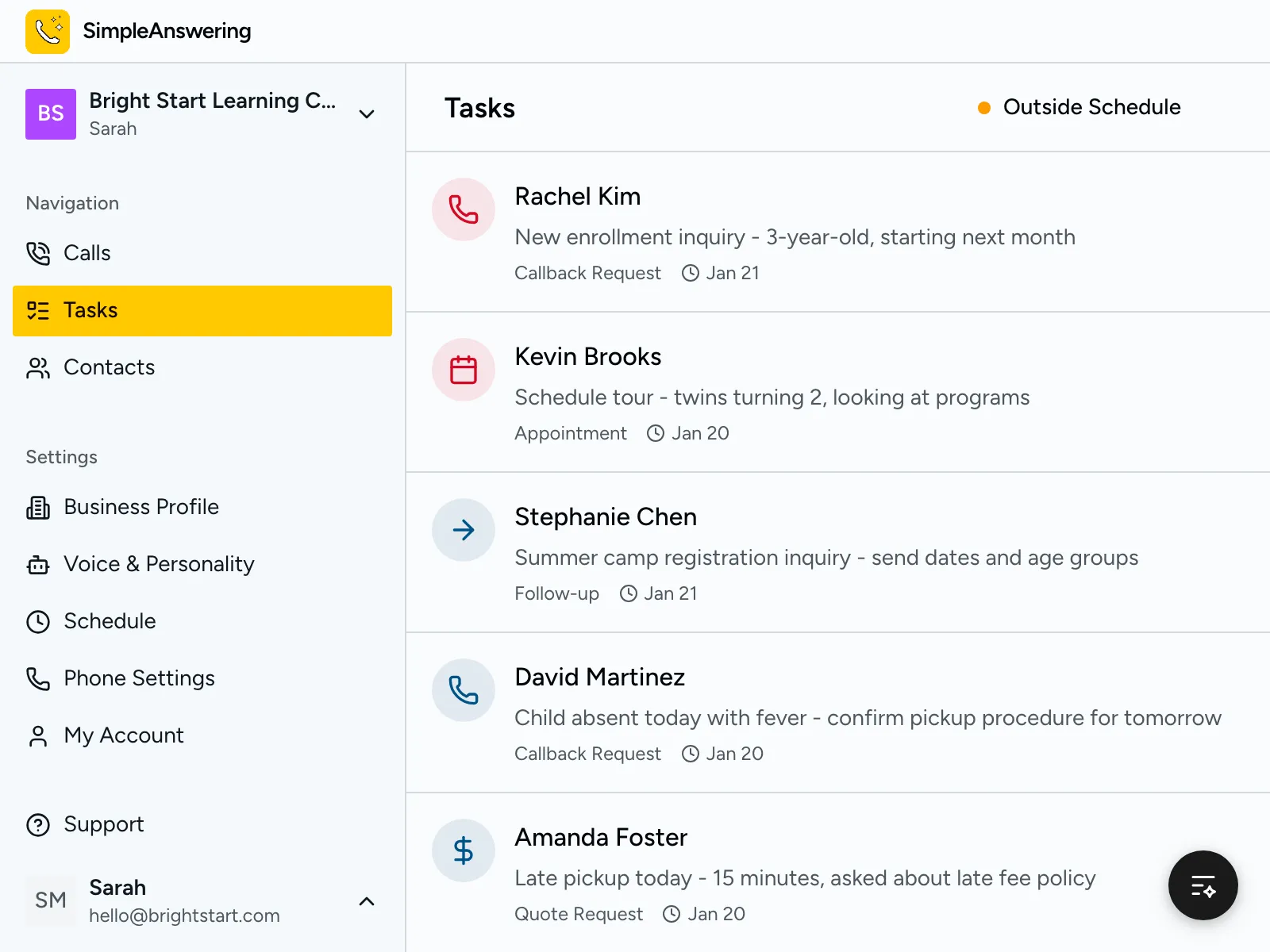Task list showing enrollment leads and parent follow-ups