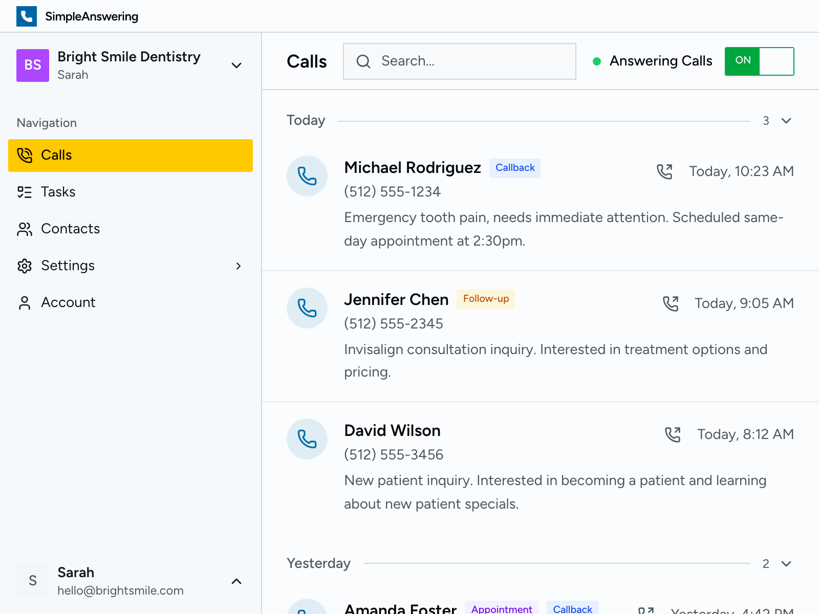 Calls dashboard showing recent calls with summaries