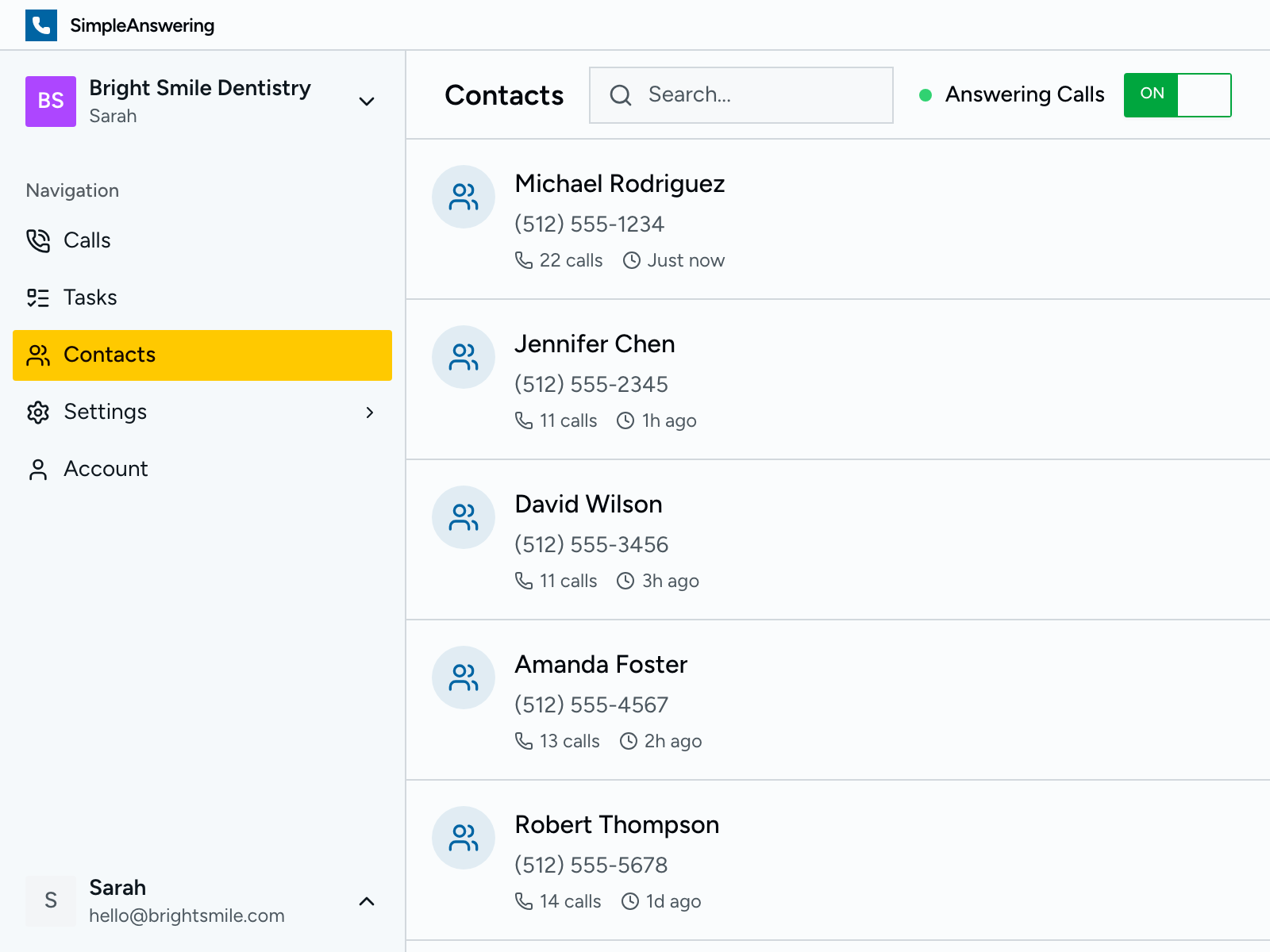 Contacts list with call history