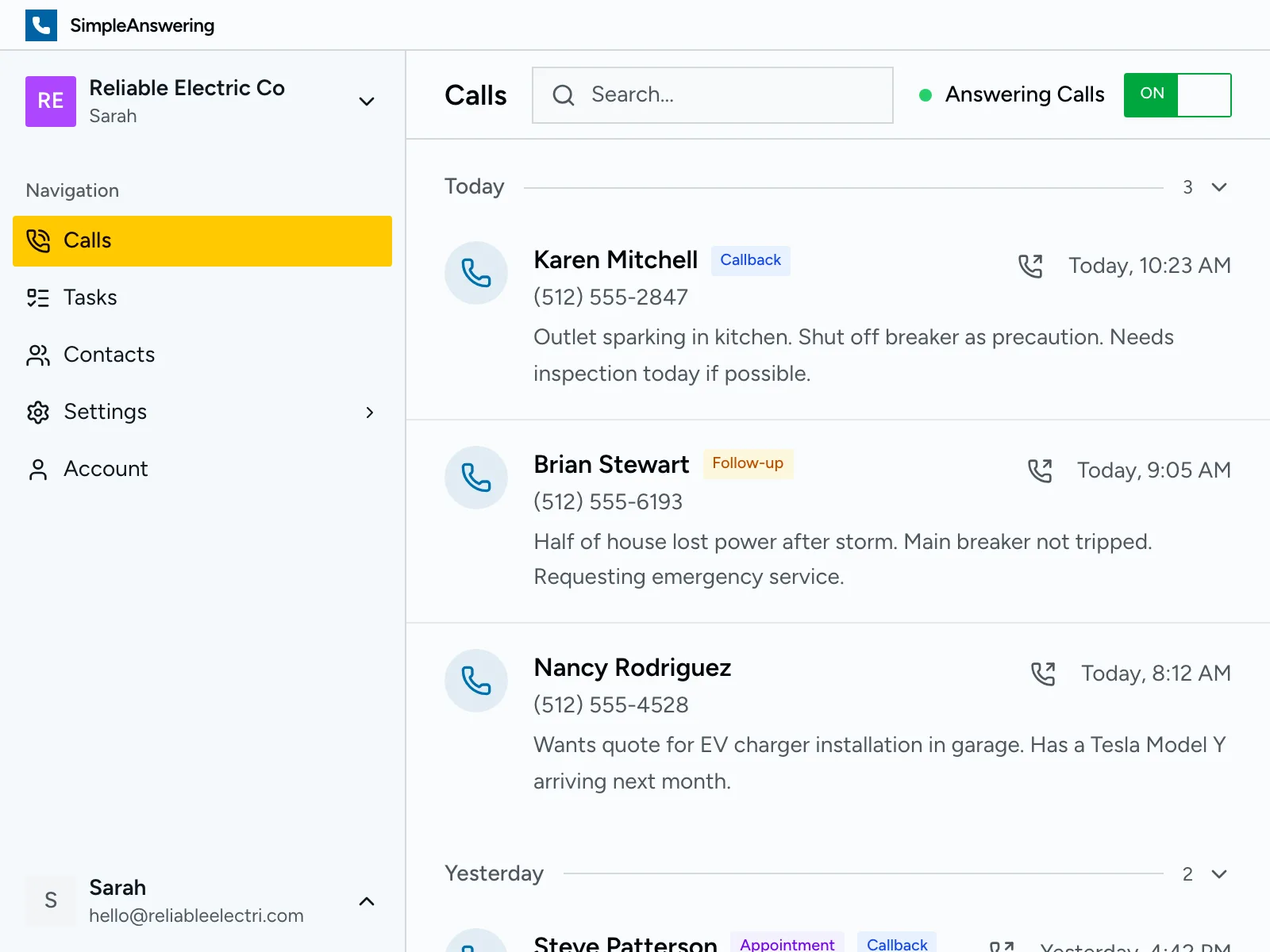 Calls dashboard showing recent calls with summaries
