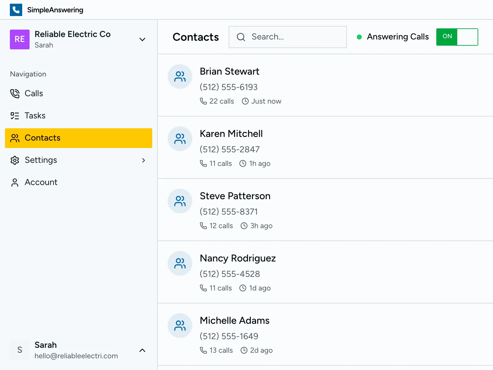 Contacts list with call history