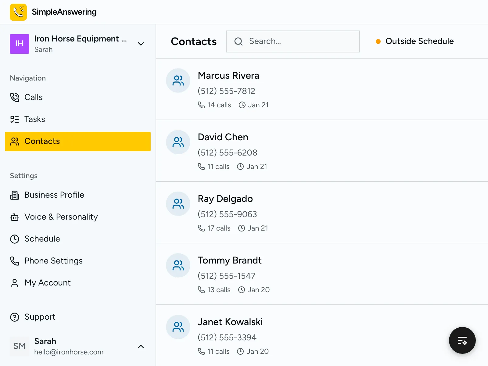 Contact list showing contractor details and rental history
