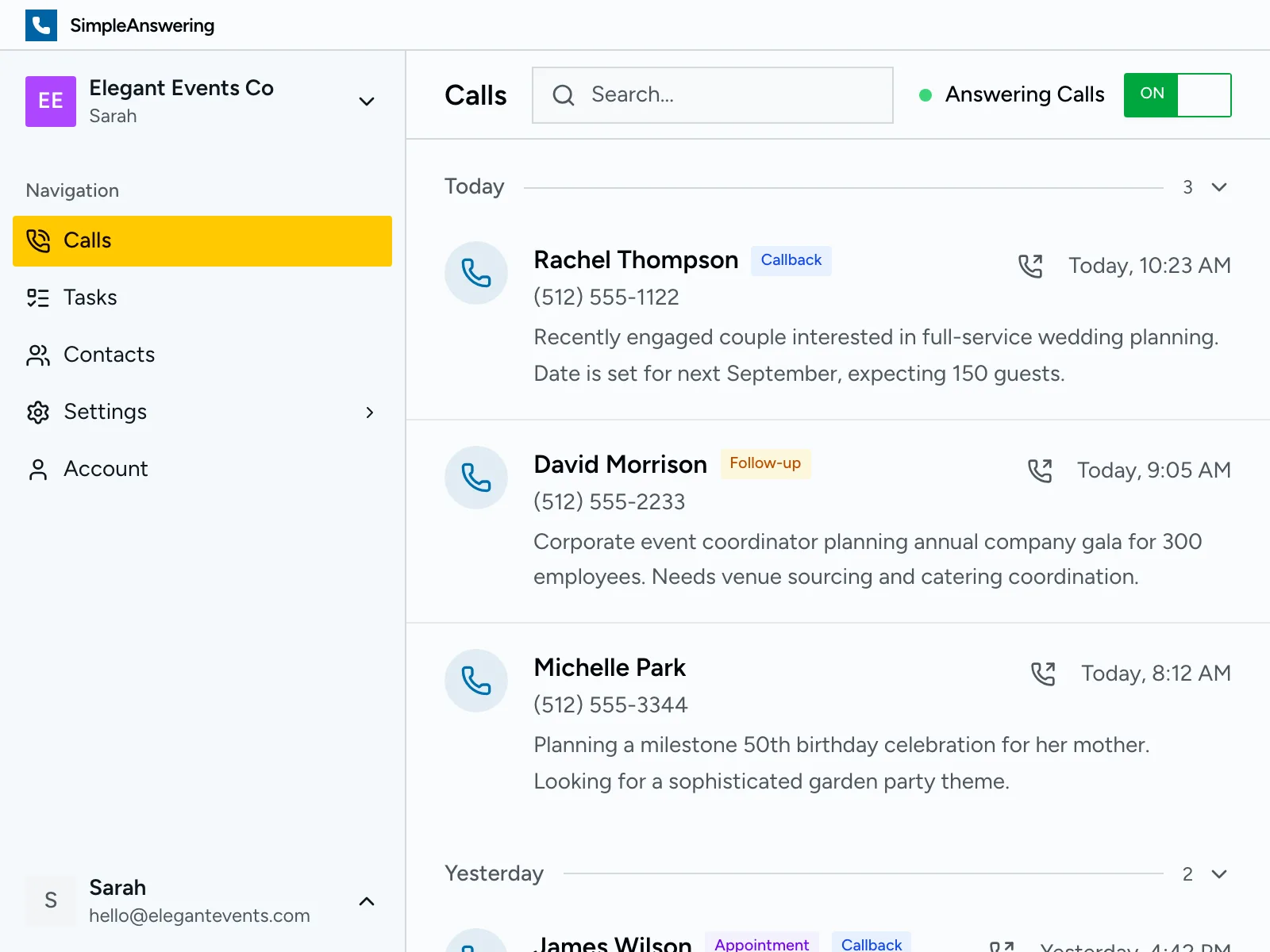 Dashboard showing all captured event inquiries and call summaries