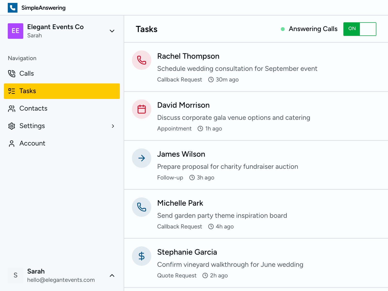 Task list showing follow-up reminders for event inquiries