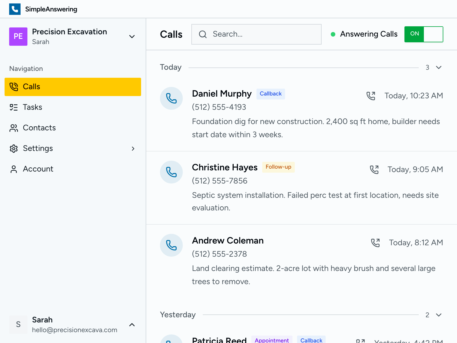 Dashboard screenshot showing call management features