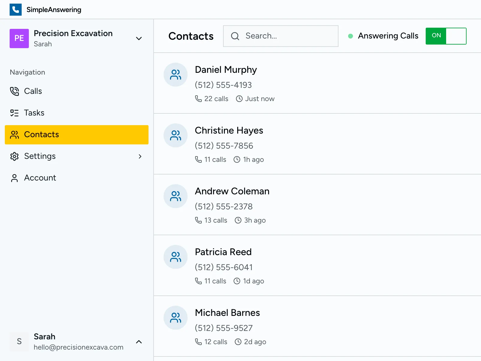 Dashboard screenshot showing call management features
