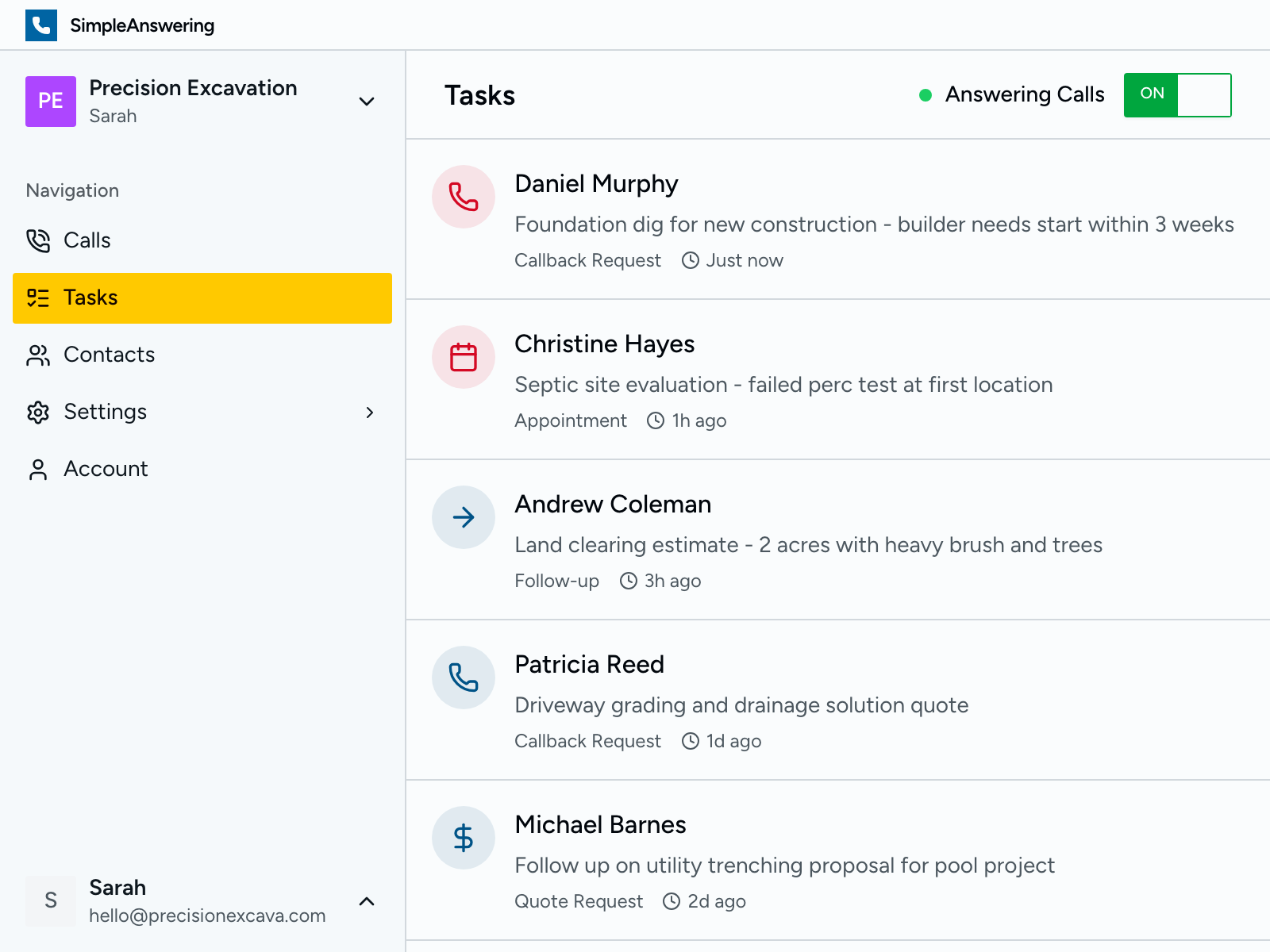 Dashboard screenshot showing call management features