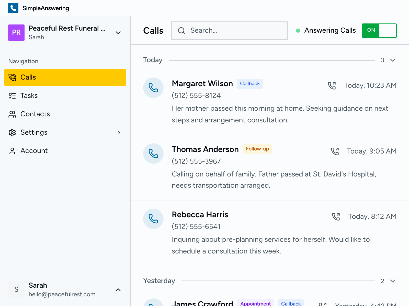 Dashboard showing recent calls with caller information and call summaries