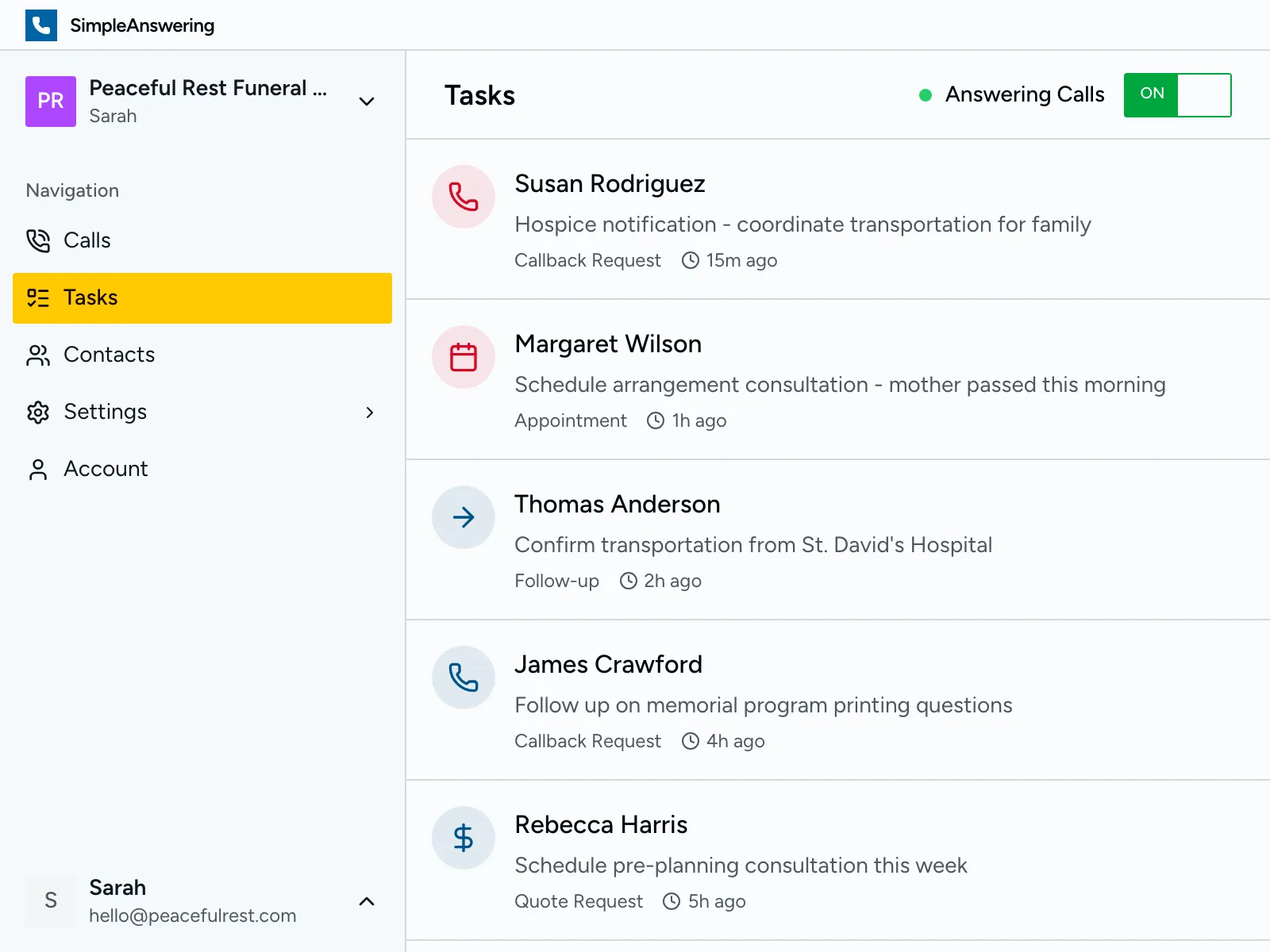 Task list showing action items created from calls