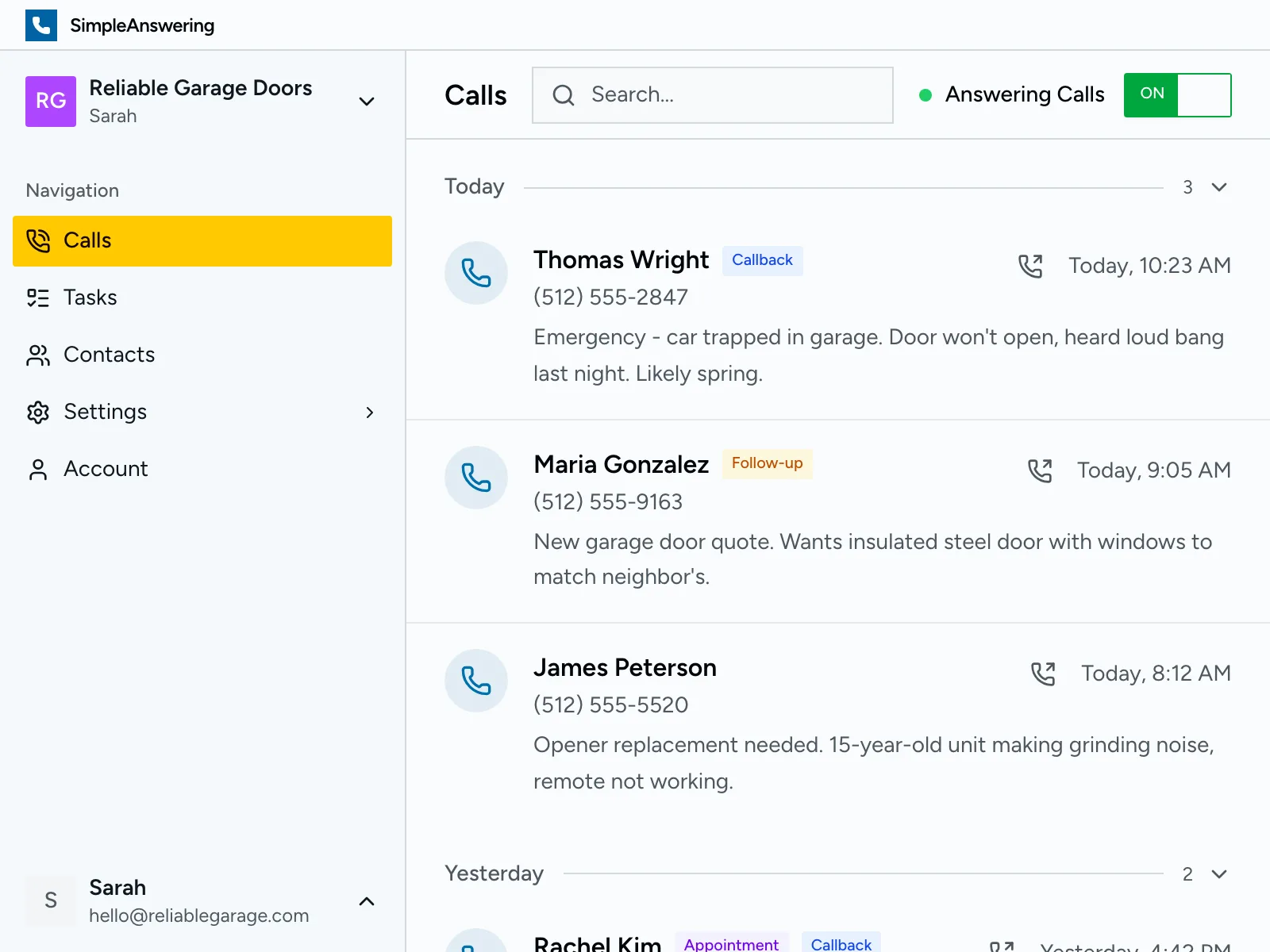 Dashboard screenshot showing call management features