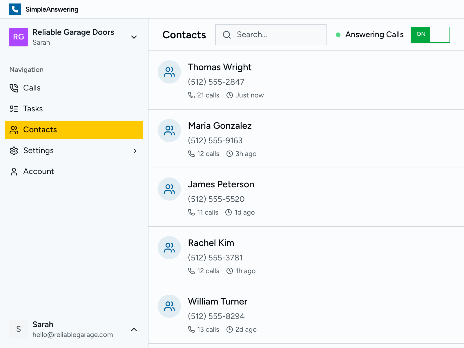 Dashboard screenshot showing call management features