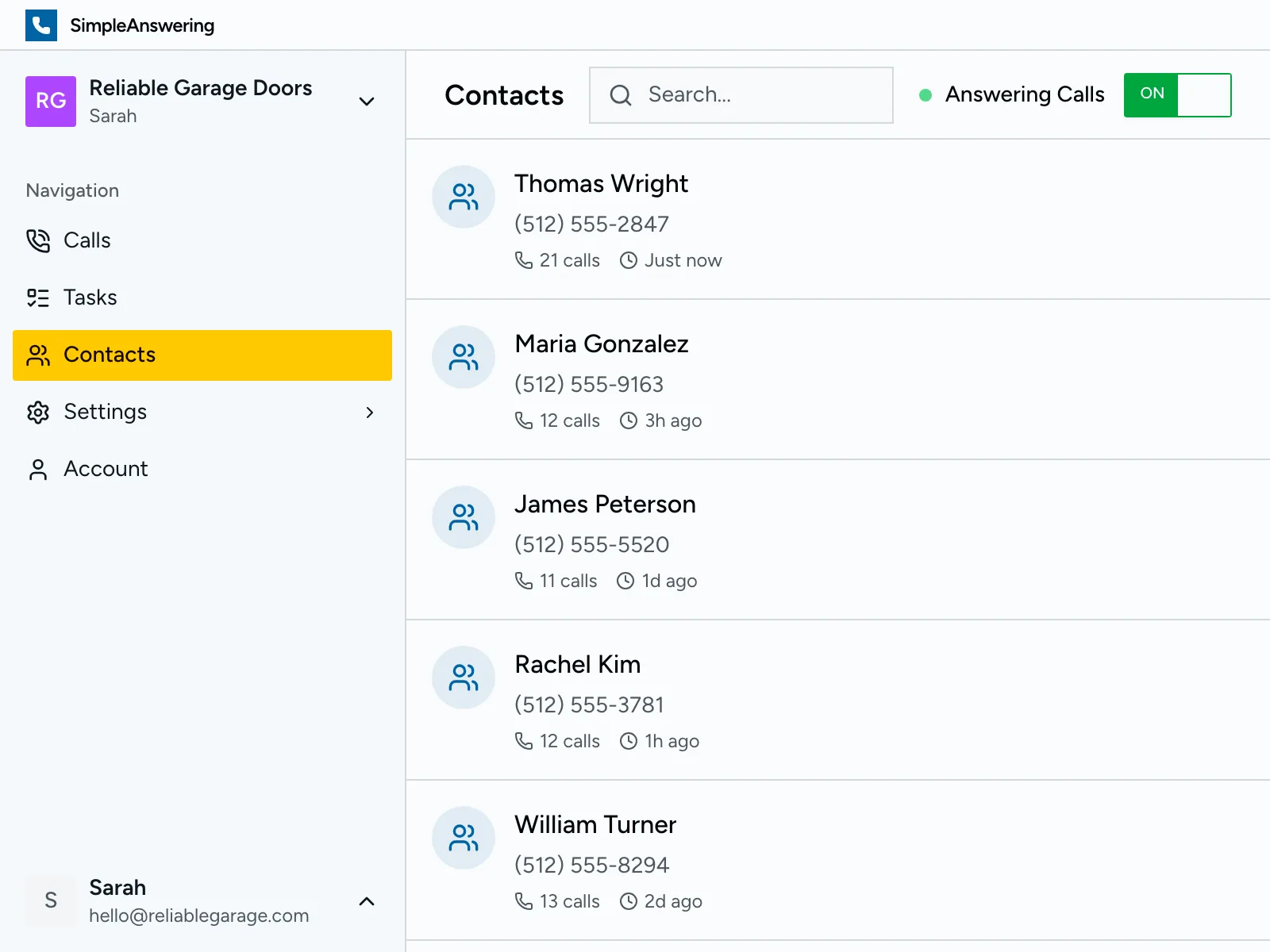 Dashboard screenshot showing call management features