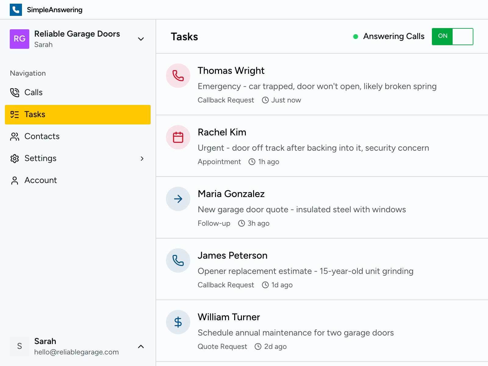 Dashboard screenshot showing call management features