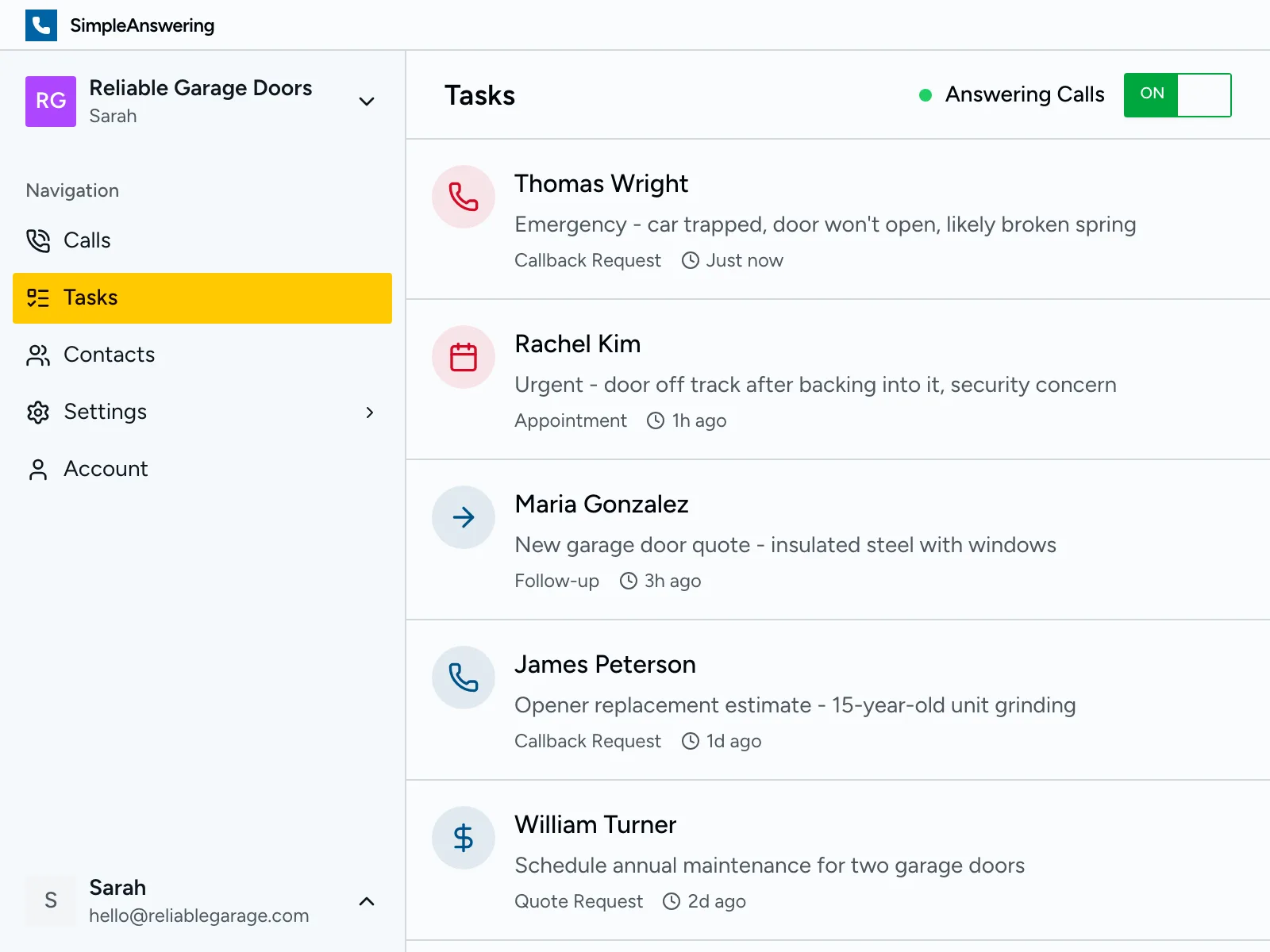 Dashboard screenshot showing call management features