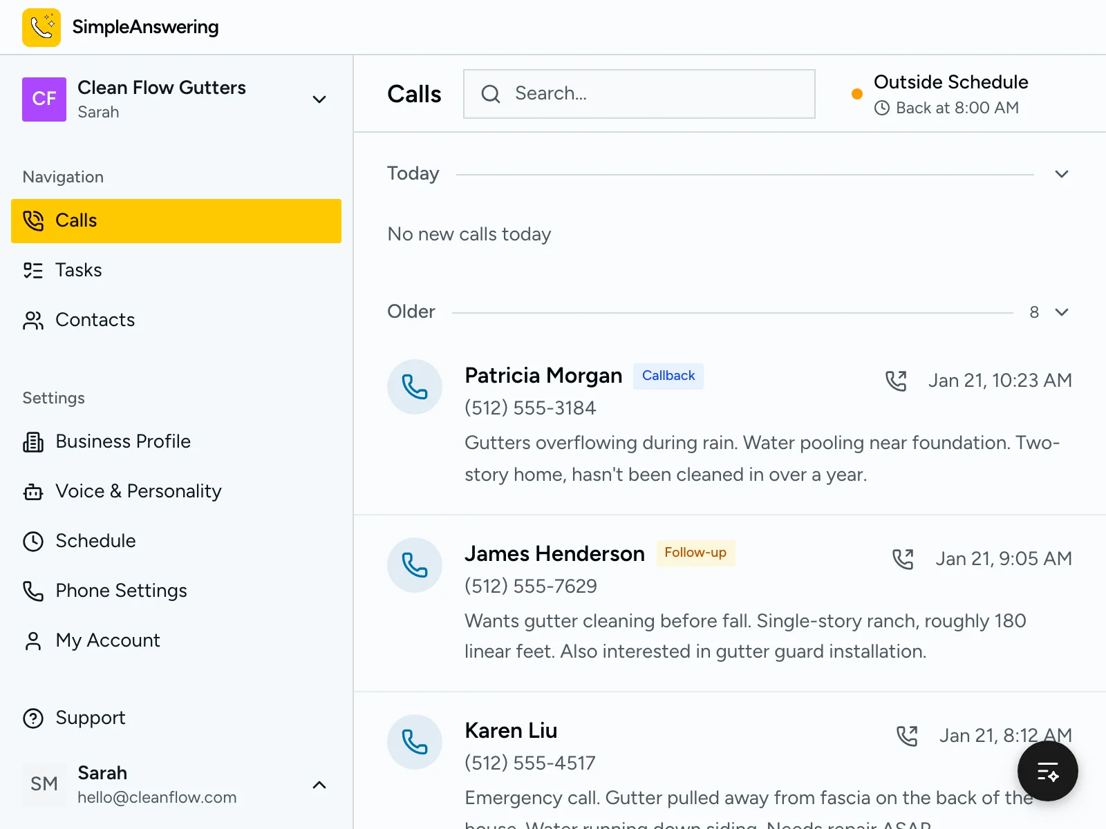 Dashboard showing gutter cleaning leads and call history in one place