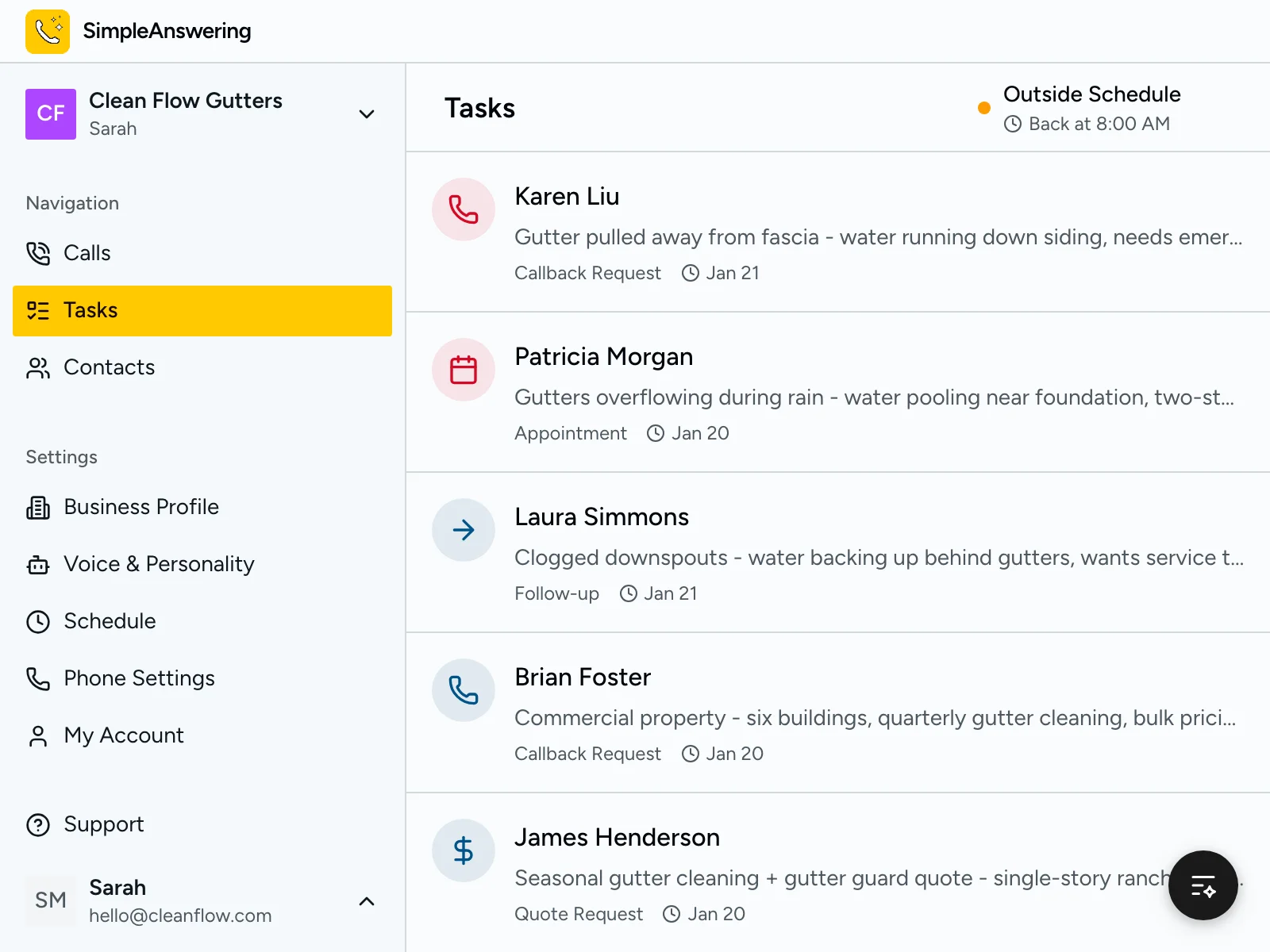 Task list showing follow-up reminders for gutter cleaning and repair inquiries