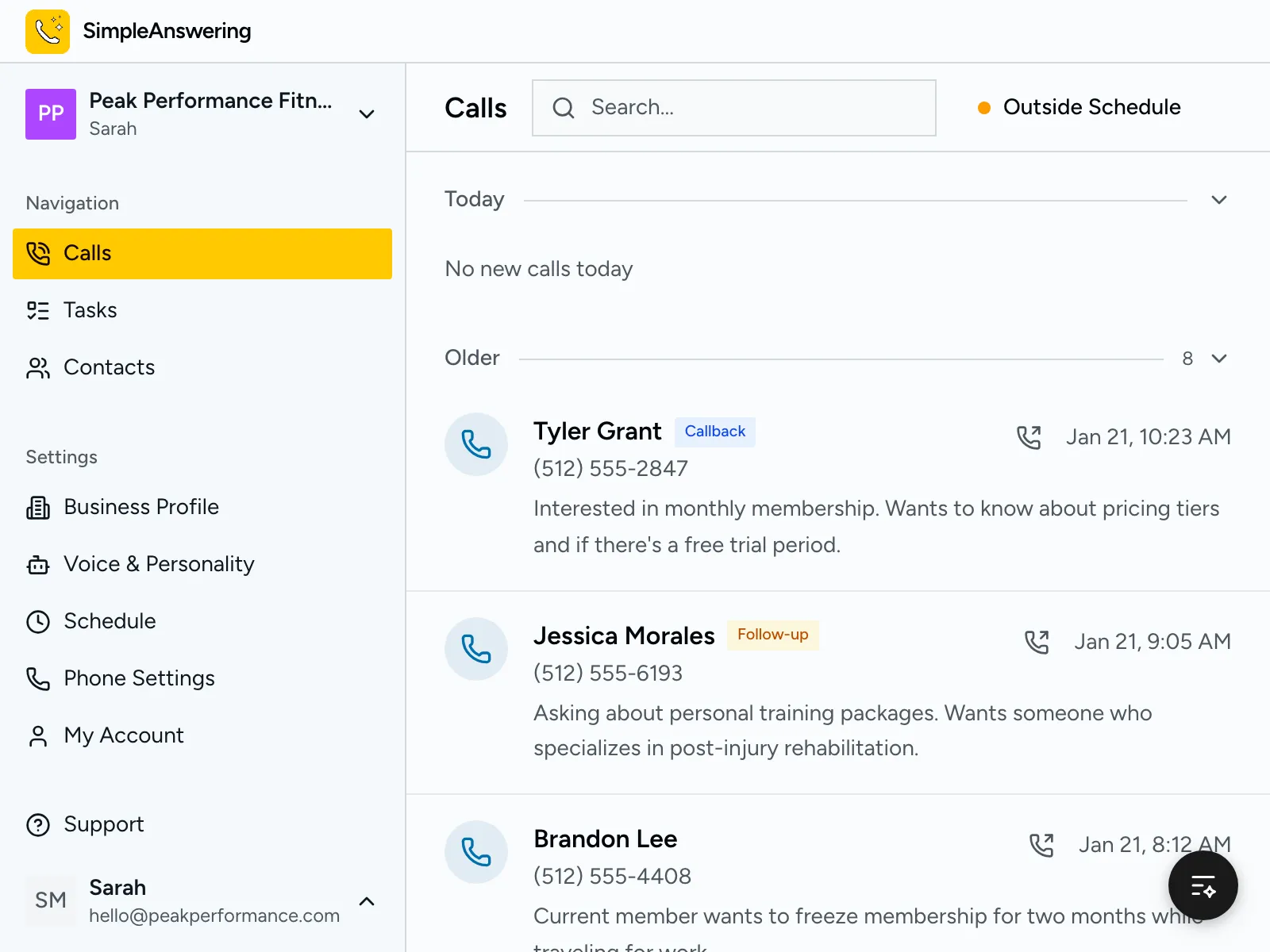 Calls dashboard showing membership inquiries and member requests