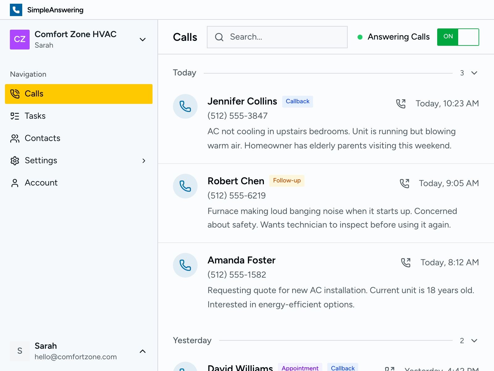 Calls dashboard showing recent calls with summaries