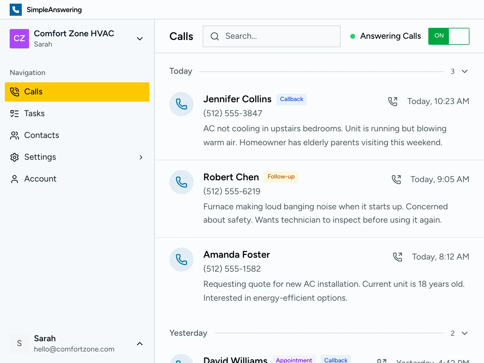 Calls dashboard showing recent calls with summaries