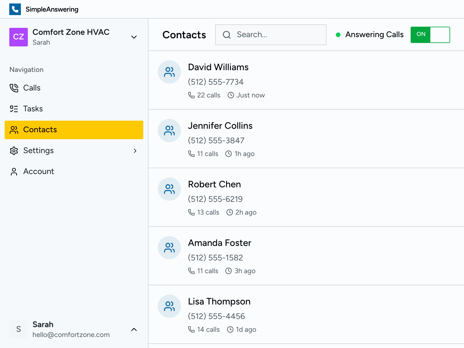Contacts list with call history