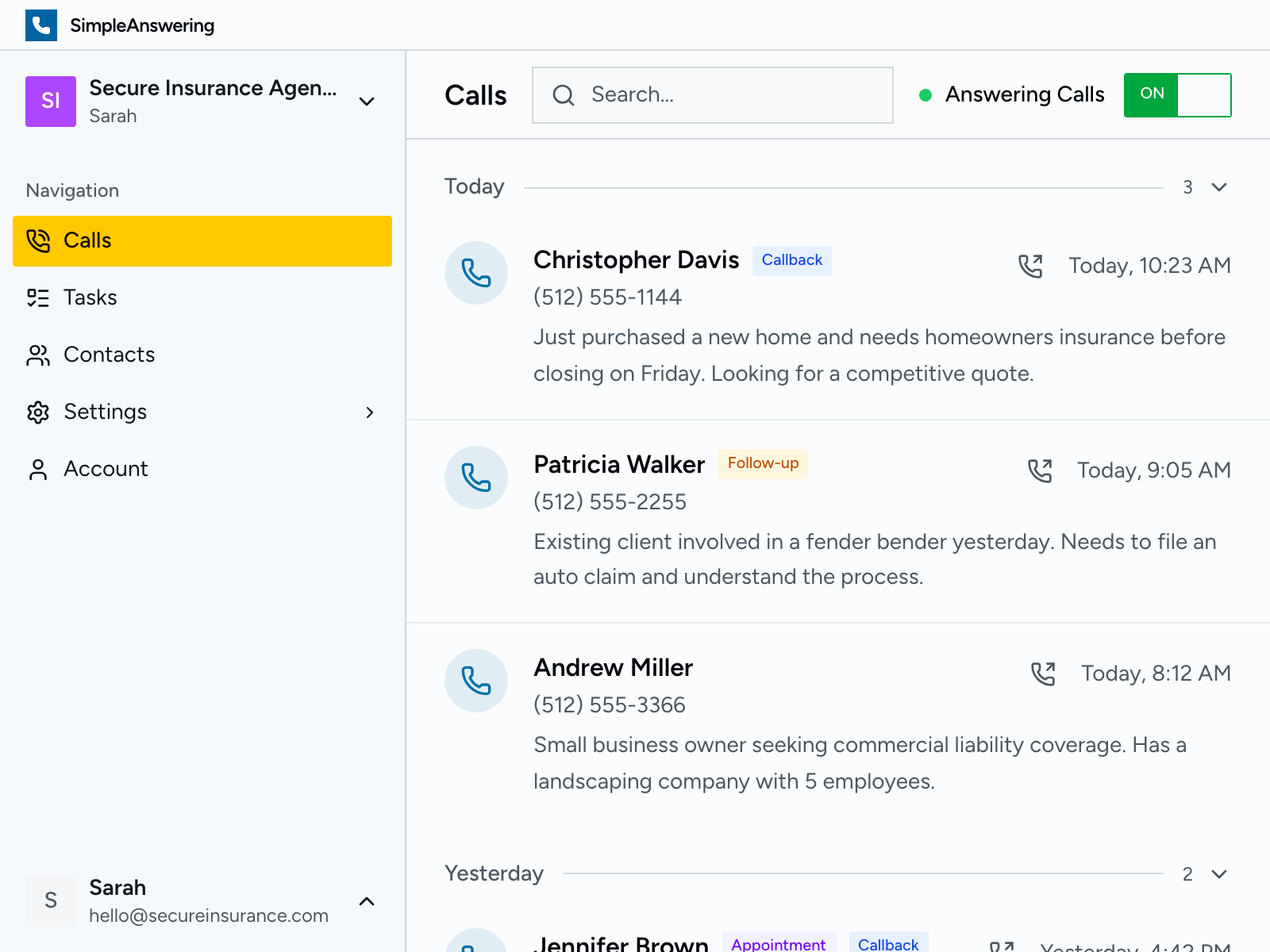 Calls dashboard showing recent calls with summaries