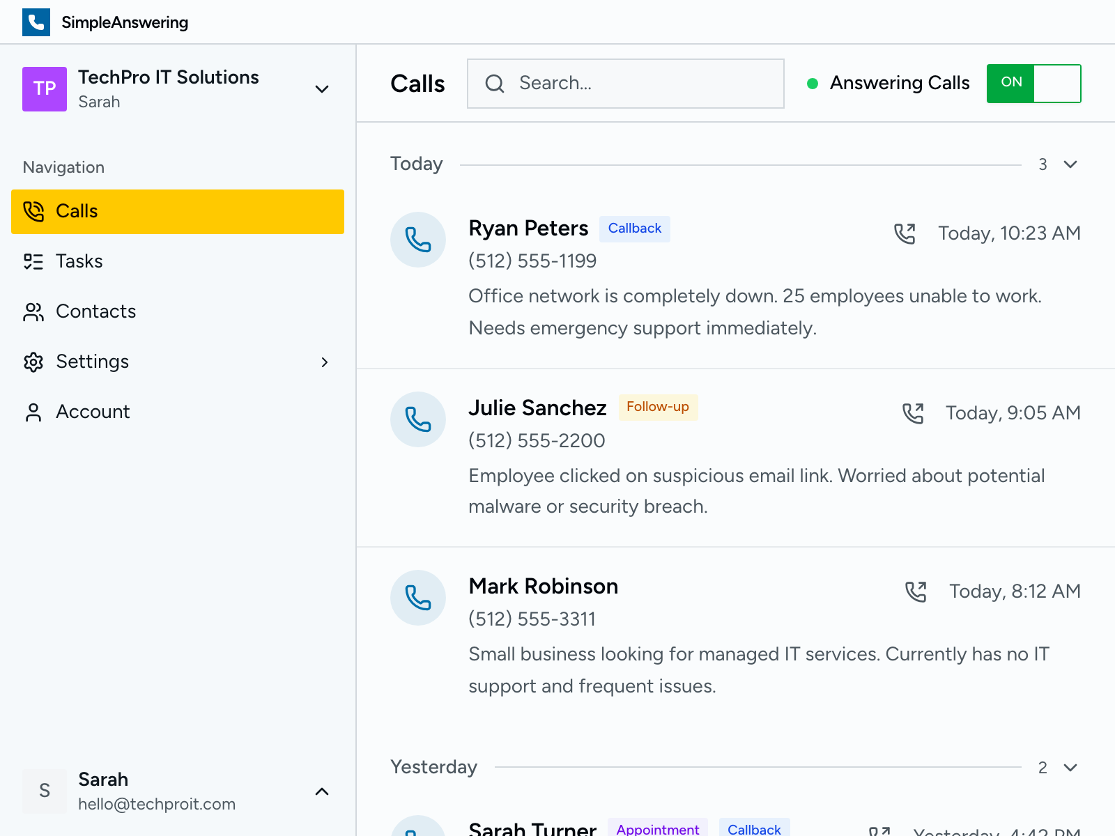 Calls dashboard showing recent calls with summaries