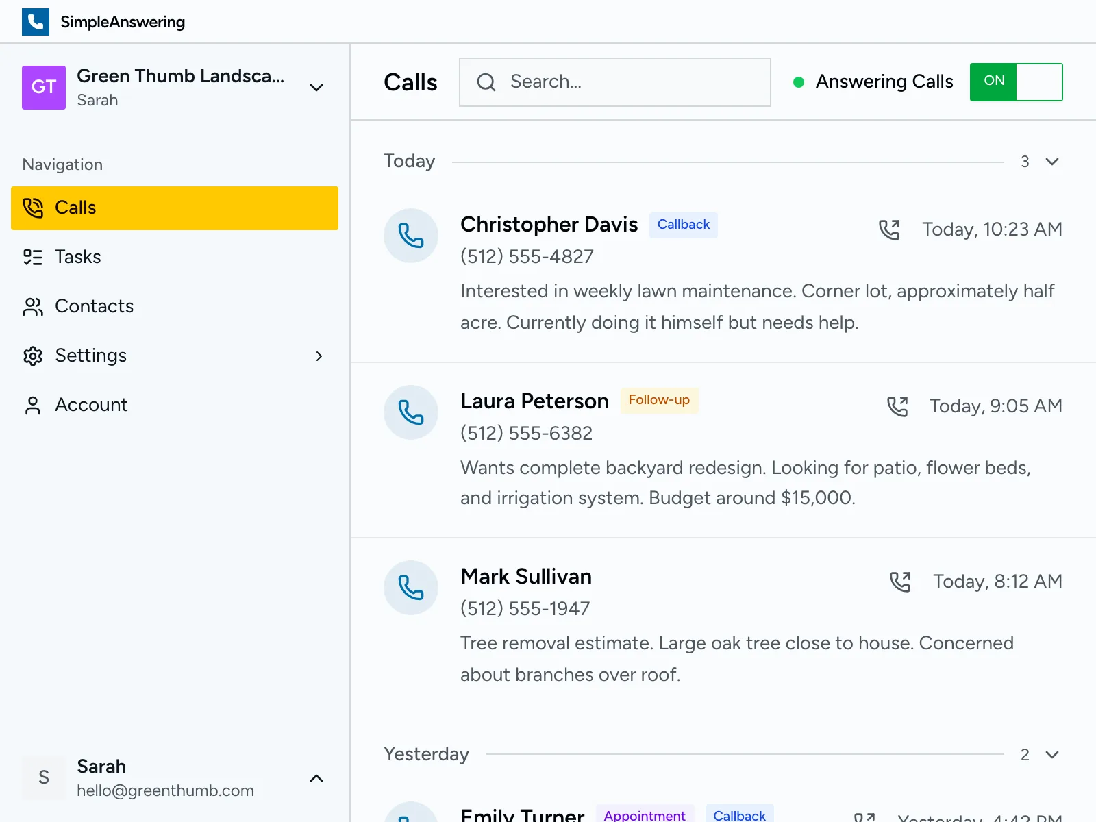 Calls dashboard showing recent calls with summaries