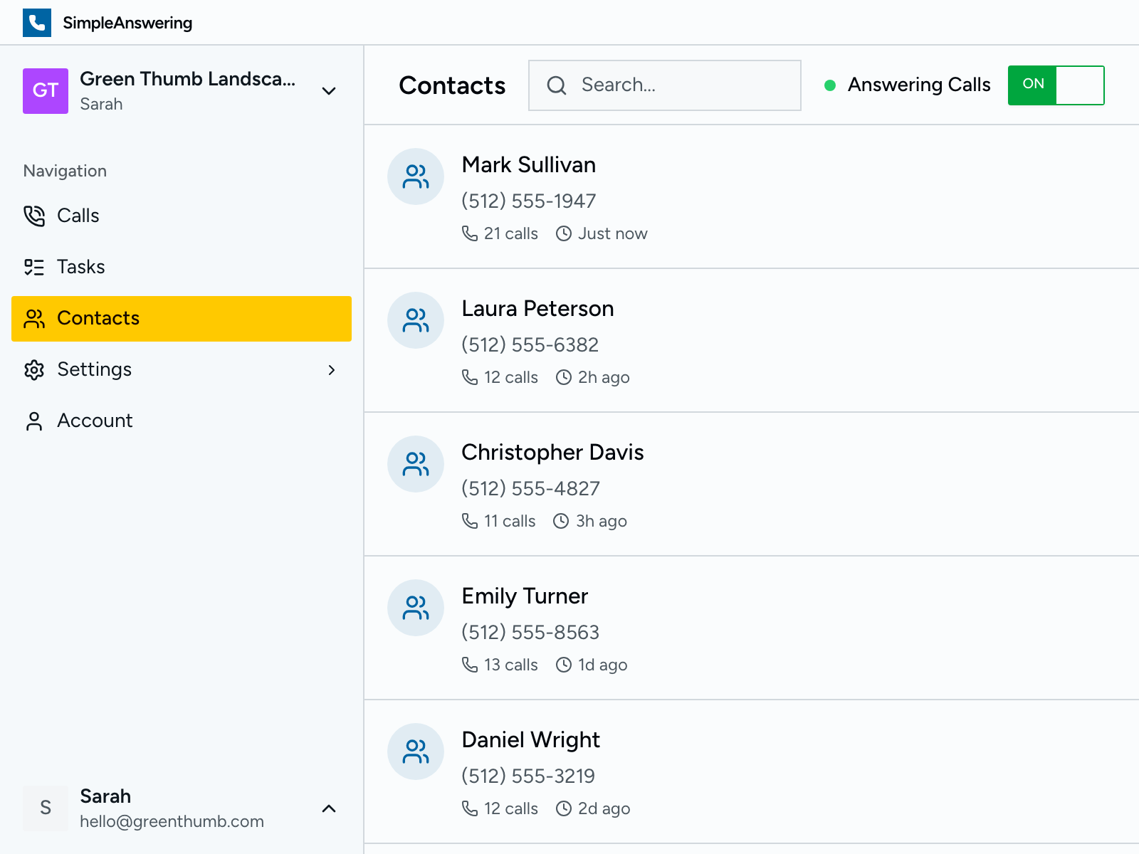 Contacts list with call history