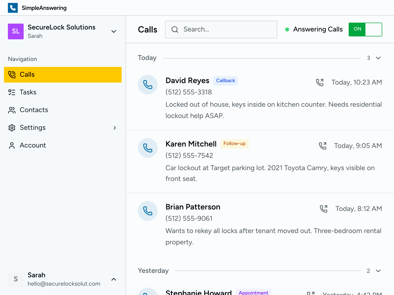 Calls dashboard showing recent calls with summaries