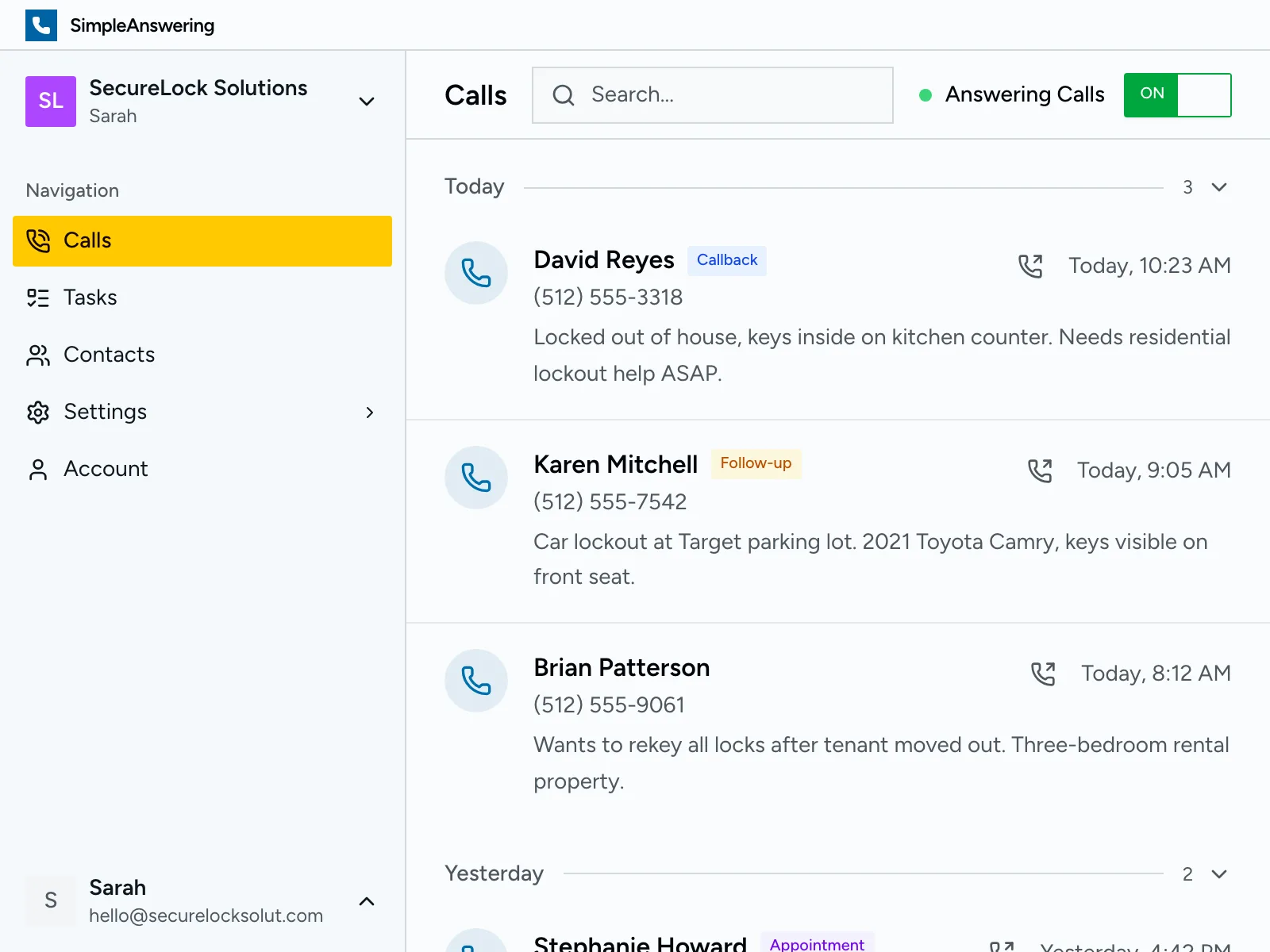 Calls dashboard showing recent calls with summaries