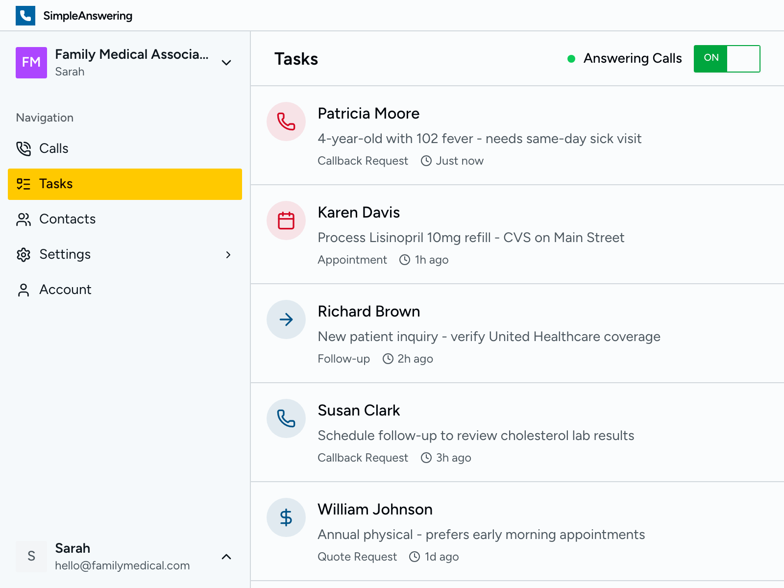 Task list showing follow-up actions from patient calls