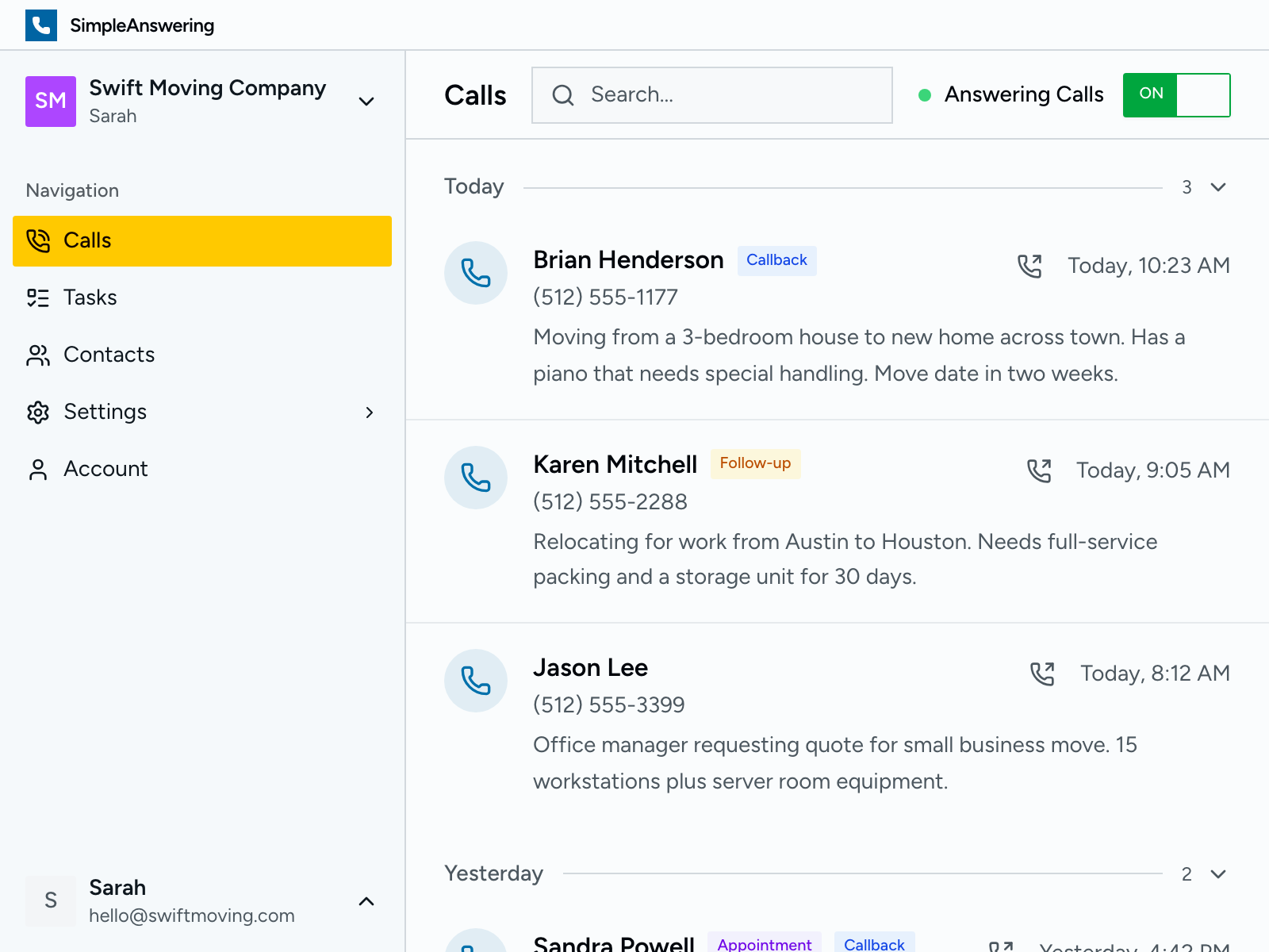 Dashboard showing all incoming moving quote calls with caller details and move information