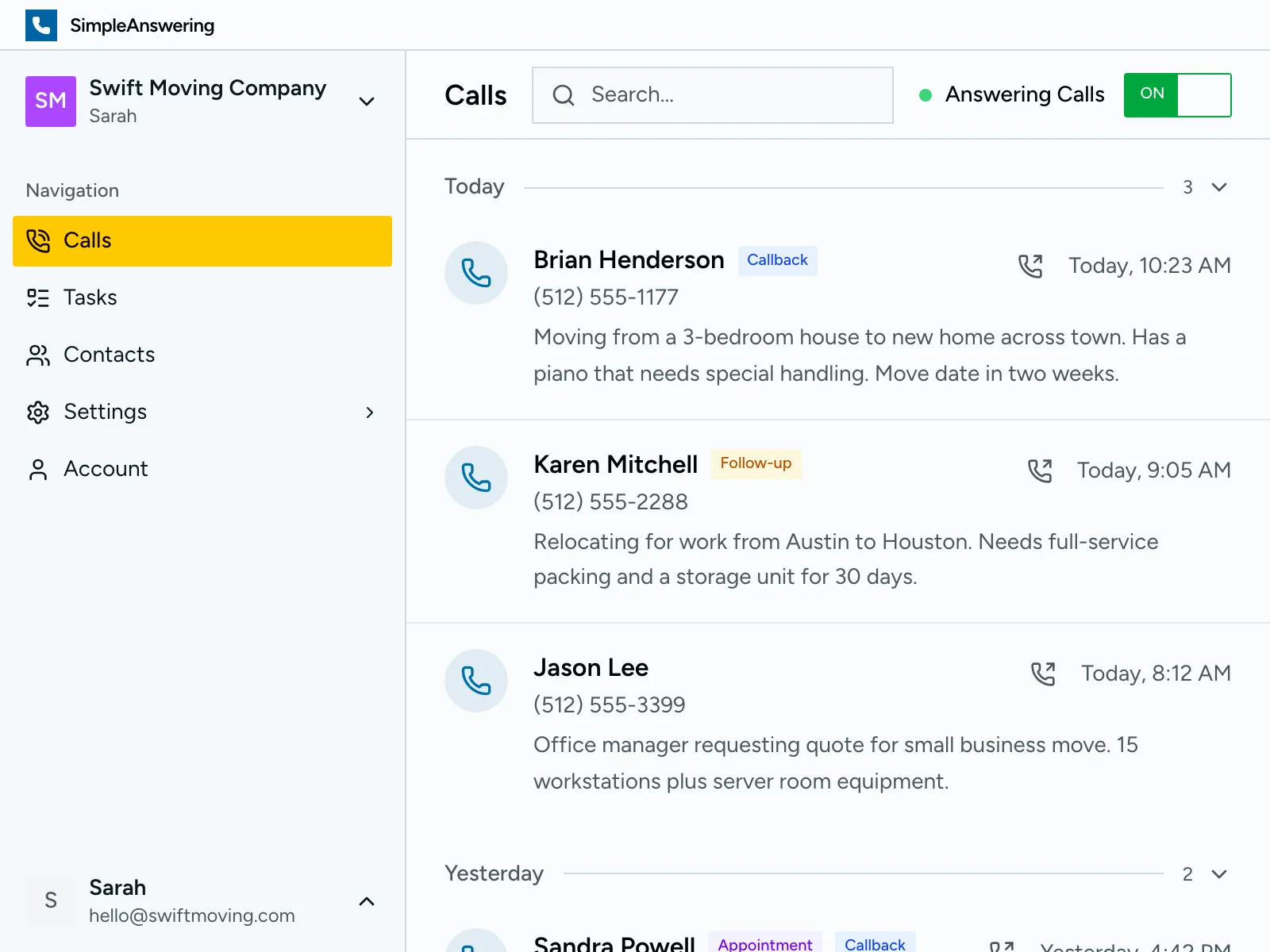 Dashboard showing all incoming moving quote calls with caller details and move information